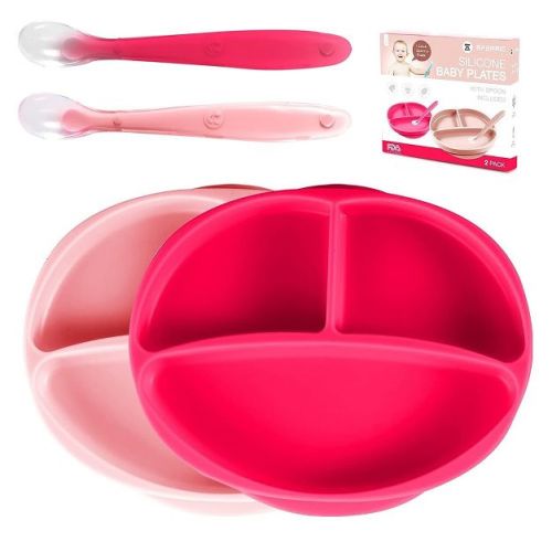 Silicone Suction Plate for Baby - 100% Food Grade Divided Plate | Toddler Self Feeding Training Suction Plate Set | BPA-Free (Light & Dark Pink)