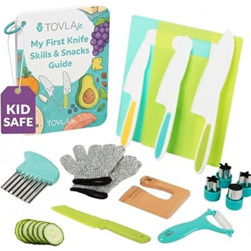 Toddler Safe Knife Set with Recipe Book - Includes Peeler, Cutting Board, and Chopper - Real Kitchen Tools for Kids Ages 4-12