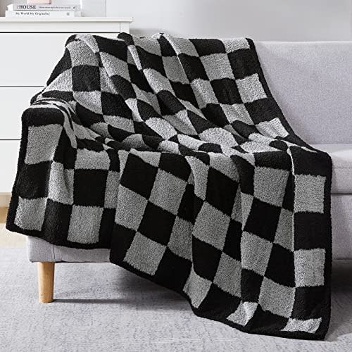 WRENSONGE Checkered Throw Blanket, Black Grey Checkered Soft Cozy Fluffy Warm Hand Made Throw Blankets for Couch, Sofa, Chair, Bed, Picnic,Travel Lightweight Bed Blankets for Men