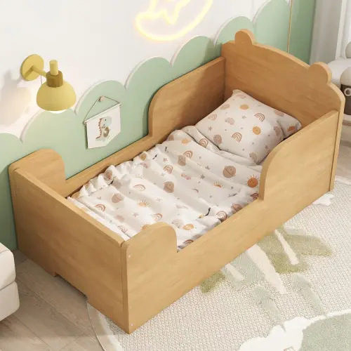 Kids Floor Bed with Bear Design - Toddler Cot Bed with Safety Rails for