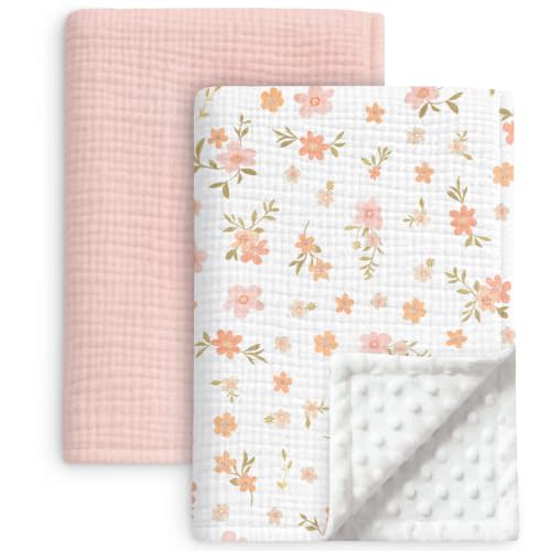 2 Pack Muslin Baby Blankets for Girls, Super Soft Nursery Blanket, Floral | 40x40 In, Super Soft, with Cotton Front and Double Layer Dotted Backing, Lightweight Breathable Bedding for Infant Toddler