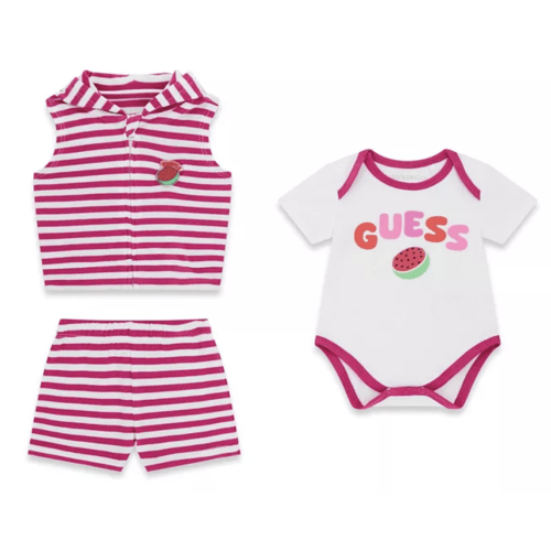 GUESS Baby Girls' Hooded Vest, Short-Sleeve Bodysuit, and Shorts, 3-Piece Set