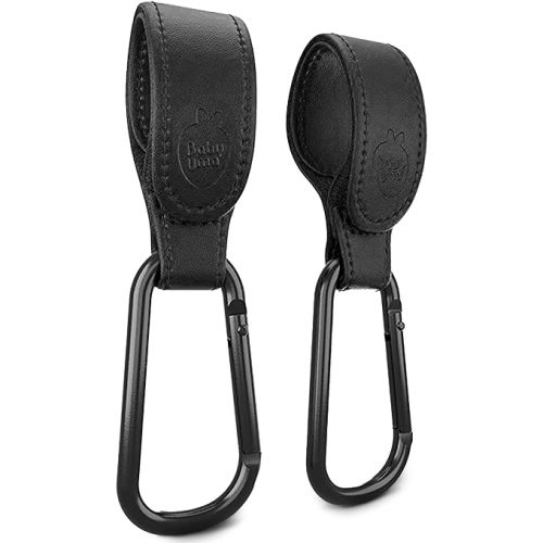 Baby Uma Stroller Hooks for Bags (2 Pack) - Faux-Leather Stroller Clips and Hooks, Universal, 11 lb Weight Capacity per Carabiner, Adjustable & Non-Slip, Baby Travel Essential (Black)