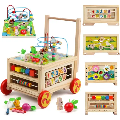 Wooden Activity Cube 7-in-1 Montessori Toy Multipurpose Educational Learning Toy for 1+ Year Old Baby Toddler Kid Boy First Birthday Gift Bead Maze Gear Number Animal Board Carrots Harvest Game