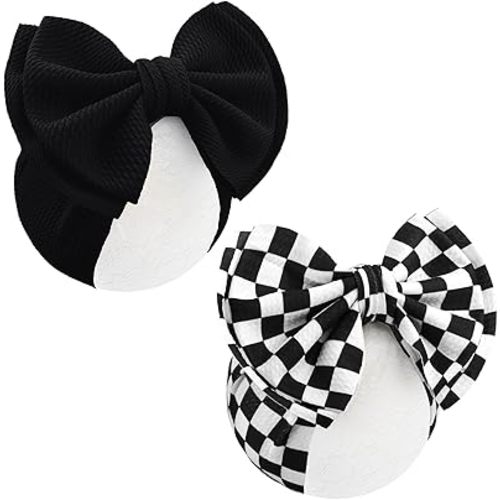 YanJie 2PCS 7’’ Black Bows for Baby Girls Checkered Headband Double Layered Bow Infants Toddler Hair Accessories Newborn Headbands Baby Clothes