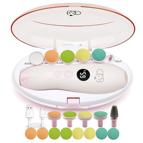 Rechargeable 22 in 1 Baby Nail Trimmer, Usage Labeled Case, 13 Extra Replacement Tools, Royal Angels Electric Nail File with LCD display, Newborn Toddler Nail Care Clipper Kit (Rechargeable,WhitePink)