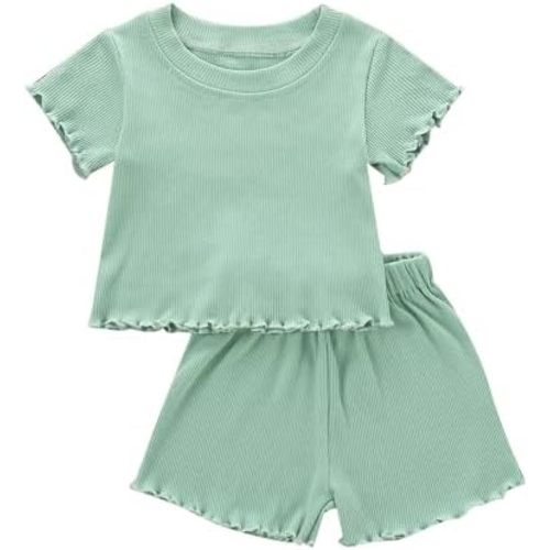 Toddler Baby Girl Summer Clothes Ribbed Knit Cotton Cute Summer Outfits Short Sleeves 2 Pieces Shorts Set 12M - 5T