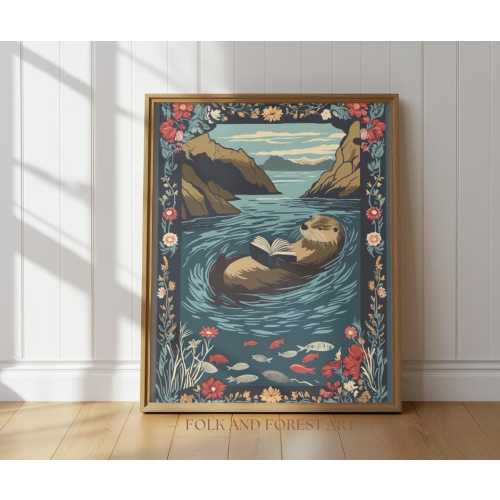 Reading Otter Wall Art Print – Coastal Cottagecore Animal Art, Bookish Ocean Nursery Decor, Digital Download Folk Art