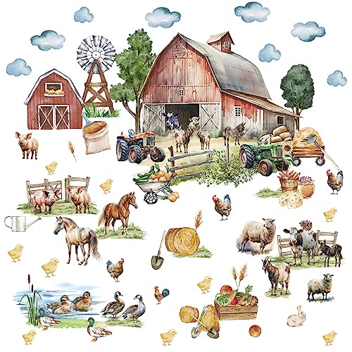 Watercolor Farm Animal Wall Decals Funny Cartoon Farm Theme Wall Stickers | Peel and Stick Farm Life Wall Decal, Big Farmhouse Decorations, Cute Chicken Horse Cow Decor, for Kids Room Nursery Playroom
