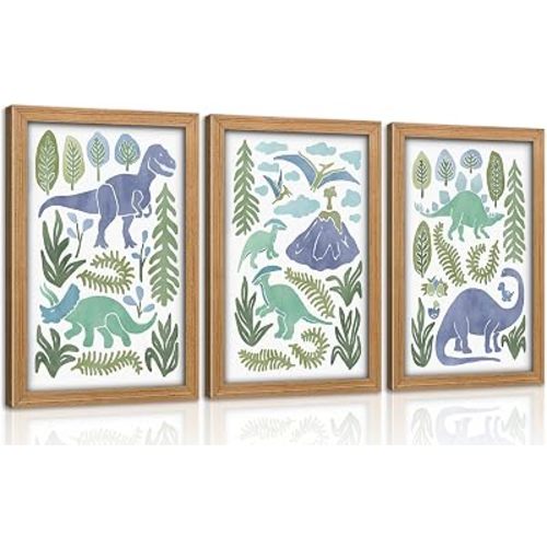 Framed Baby Boys Nursery Wall Art Blue Green Dinosaur Pictures Wall Decor Stegosaurus T-Rex Triceratops Pterodactyl Posters Artwork Watercolor Dino Painting Prints for Kids Room Toddler Boy Room Decor