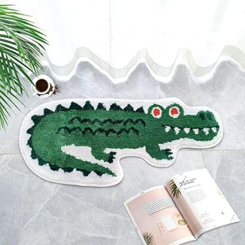 Seek4comfortable Crocodile Shaped Bath Mat for Bathroom, Cute Green Animal Non-Slip Door Mat Cartoon Alligator Shower Rug Absorbent Bathmat Plush Playroom Rug, 39.4x17.7 inch