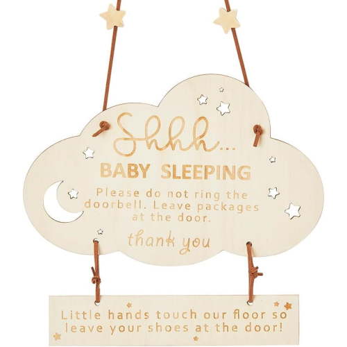 Baby Sleeping Sign for Front Door Wooden Hanging Decorations Do Not Ring Doorbell Wood Sign Rustic Door Decor with Hemp Rope Cloud Wooden Hanger Wall Decor for New Parents 8.7x5.5Inch for diy