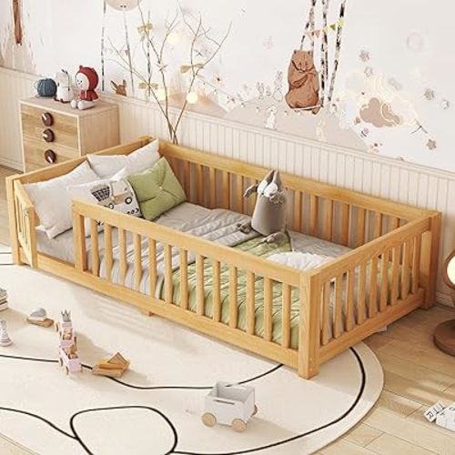 Bellemave Twin Size Floor Bed with Door and Fence for Kids, Montessori Floor Bed with Slats and Safety Guardrails,Solid Wood Twin Bed Frame for Girls Boys(Twin,Natural)