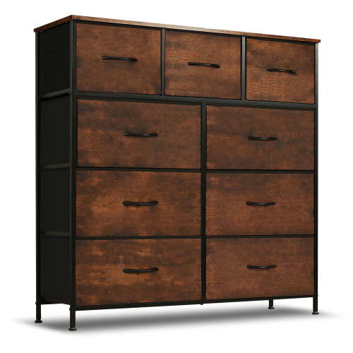 9 Drawer Dresser, Wide Chest Of Drawers Nightstand Storage Tower Storage Dresser Fabric Dresser With Wood Top for Living Room, Bedroom, Hallway, Rust