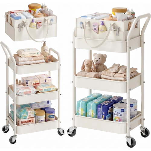 3 Tier Baby Diaper Caddy Cart with Removable Dividers and Wheels,Off-White | Metal Bedside Rolling Storage Cart on Wheels, Postpartum Organizer Cart for Baby Boy Essentials, Nursery,