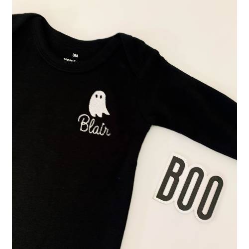 Vintage Halloween Ghost Long Sleeve Embroidered Personalized baby ONESIES® brand baby bodysuit, black bodysuit, custom Halloween bodysuit