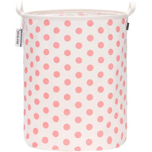 Sea Team Collapsible Canvas Fabric Laundry Hamper with Handles, Cylindric Waterproof Storage Basket, Closet Organizer, 19.7 x 15.7 Inches, Pink Dot