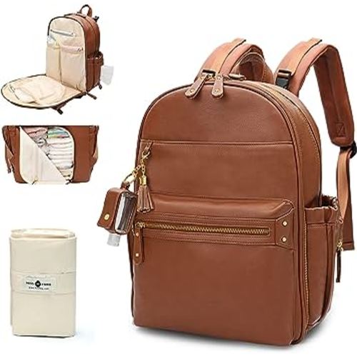 Diaper Bag Backpack Leather Diaper Bag by miss fong, Baby Diaper Bag for Baby Girls & Boys, 16 Pockets Diaper Bag Organizer with Hand Sanitizer Holder, Changing Pad, 2 Insulated Pockets