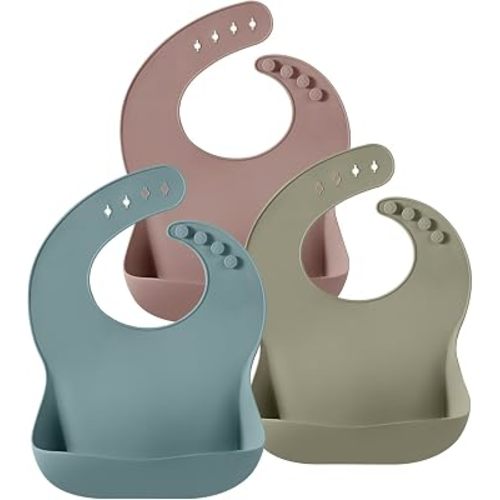 PandaEar Set of 3 Silicone Baby Bibs, Waterproof Soft Adjustable Bibs for Babies Toddlers 10-72 Months