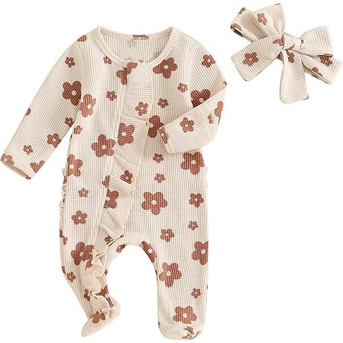 YINGISFITM Baby 3 6 Months Girl Clothes Newborn Onesie Ruffle Long Sleeve Ribbed Romper Jumpsuit One Piece Hospital Outfit