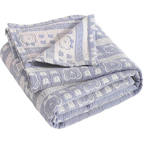 NTBAY 3 Layer Oversized Muslin Cotton Toddler Blanket, Jacquard Reversible Nursery Bed Blanket, Super Soft and Thermal for All Seasons, Baby Gift, 45"x60", Blue Bear