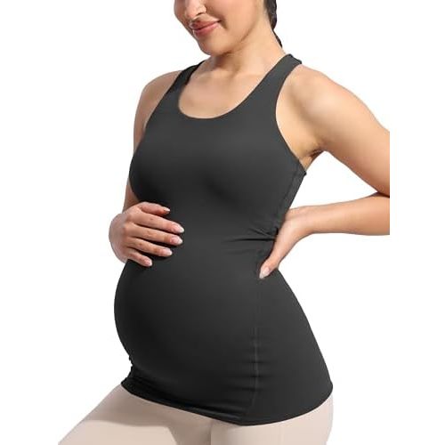 POSHDIVAH Women's Maternity Tank Tops with Built in Bra Padded Sleeveless Pregnancy Yoga Tee Workout Shirt Clothes