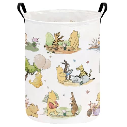 Greatingreat Winnie Baby Laundry Basket, Foldable Small Hamper with Canvas & PE Coating, Collapsible Portable Clothes Organizer for Nursery, Home, Bedroom Storage (White)