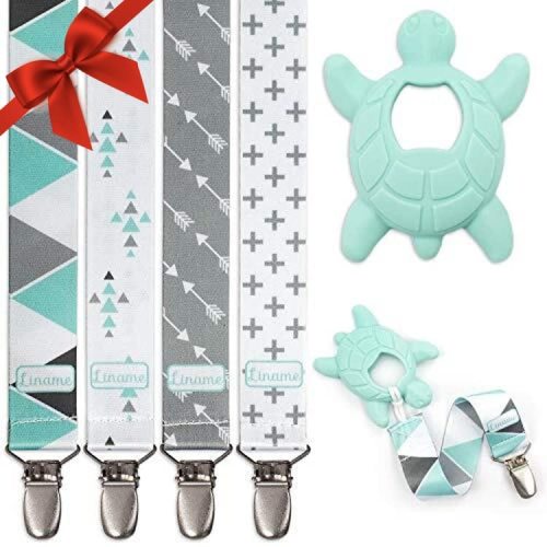 Liname Neutral Pacifier Clip with Teething Toy - 4 Pack Pacifier Clips for Boys & Girls - Binky Holder Soothie Paci Clip Binkie Clip - Unisex Pacifer Clip Baby Pacifier Clip and Pacifier Holder (Mint)