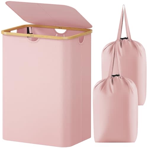 Lifewit 150L Large Laundry Basket with Lid, 2 Removable Bags, Pink | Foldable Laundry Hamper with Bamboo Handles, Tall Laundry Bin, Dirty Clothes Hamper for Laundry Room, Bedroom, Bathroom, Dorm