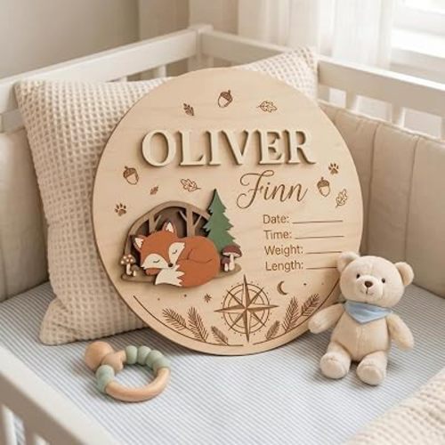 Personalized Woodland Baby Birth Stats Sign, Custom Wooden Baby Name Plaque with Fox, Nursery Name Sign, Newborn Birth Announcement Keepsake, Nursery Wall Decor