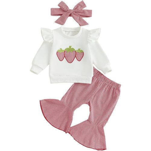 fhutpw Infant Baby Girl Fall Clothes Toddler Winter Outfits Ruffle Sleeve Sweatshirts Plaid Bell Bottom Pants Headband Set