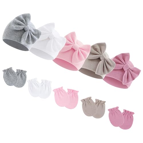 Sdfvsdg Newborn Baby Girls Hats Mittens Set Beanie Infant Bow Caps Hospital Hat Baby Cotton Gloves No Scratch for 0-6 Months