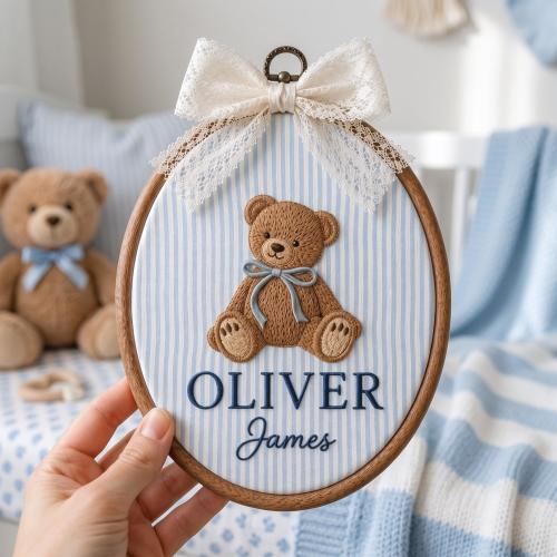 Personalized Teddy Bear Oval Baby Name Sign, Embroidered Teddy Name Hoop, Baby Announcement Ornament, Nursery Wall Decor, Baby Shower Gift