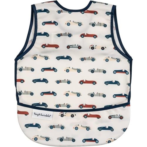 Tiny Twinkle Mess Proof Baby Bib for Girls | Waterproof Toddler Bib for Eating | Baby Apron for Feeding | Machine Washable | Perfect Shower Gift (Vintage Cars, 6–24M)