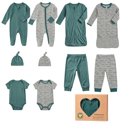 Aablexema Organic Cotton Unisex Baby Layette Registry Clothes Set | 10Pcs Newborn Welcome Home Clothes Gift Set with Night Gowns, Zip Up Footie Pajamas, Bodysuit, Pant, Hat, Gift Box