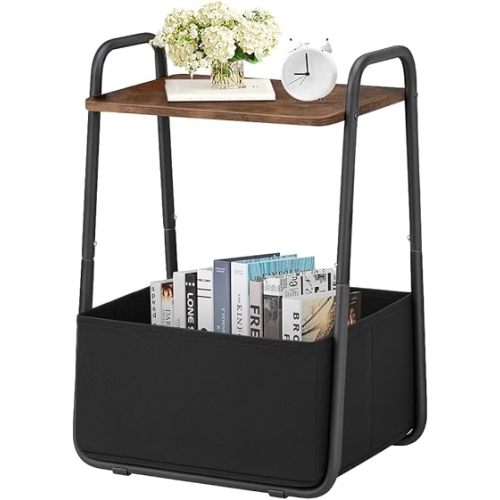 Rustic Brown Metal Frame Nightstand - Small Side Table with Fabric Storage Basket and Handle - Ideal for Bedroom & Living Room & Dorm