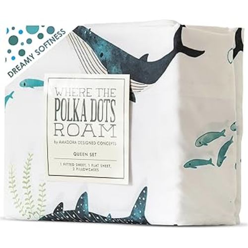 Where The Polka Dots Roam Nautical Ocean Full Bedding Set - 4 Piece Super Soft Kids Bed Set with Fitted Sheet, Flat Sheet, and Pillowcases - Underwater Sea Creatures Design for Boys Girls Room Décor