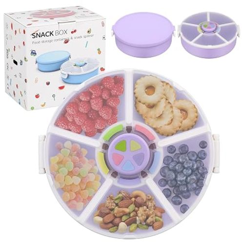 Pawtong Snack Rotator Container Reusable Snack Box with 5 Compartment Dispenser and Lid, Color Matching Opening Lid, BPA and PVC Free, for Home, School, Travel (2 Pack- Purple)