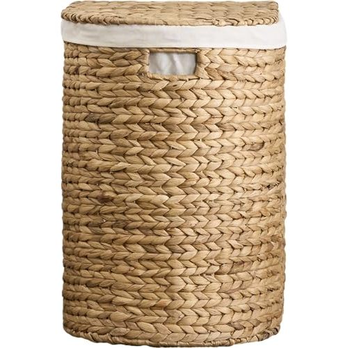 Woven Laundry Basket with Lid - Large Wicker Hamper with Lid for Clothes Storage - Round Rattan Laundry Hamper - Water Hyacinth Storage Basket with Lid (Natural Brown, 16.9 x 13.8 x 20.5 in)