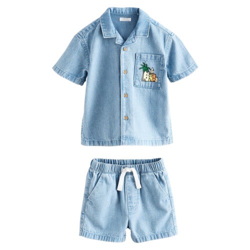 Kids' Graphic Denim Button-Up Top & Shorts Set