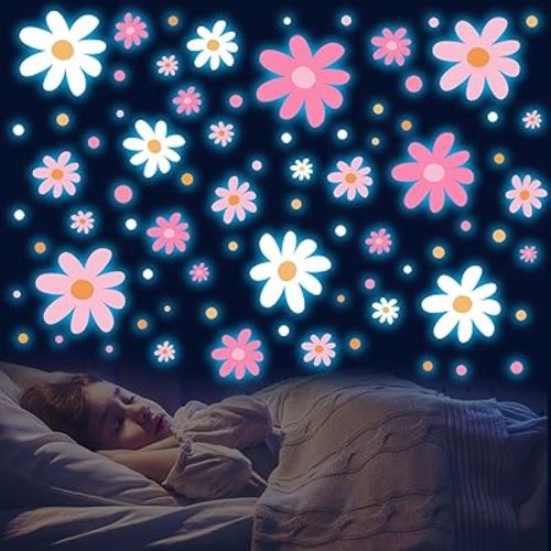 Glow in The Dark Big Daisy Wall Decals,Glowing Luminous Large Cute Daisy Wall Stickers Colorful Removable self-Adhesive Pink White Flower Decals for Girls Bedroom Kids Baby Nursery Living Room Decor