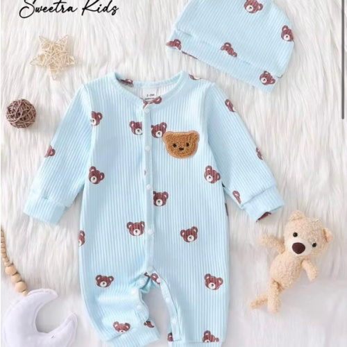 SHEIN Newborn Beige Bear Pattern Long Sleeve Jumpsuit With Hat Set | SHEIN USA