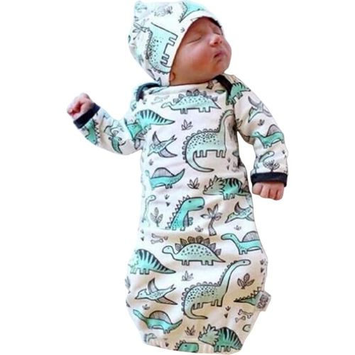 Unisex Baby Wearable Blanket with Hat Cap Cotton Sleeping Bag 2 Pcs Long Sleeve Nightgowns (Dinosaur, 0-6M)