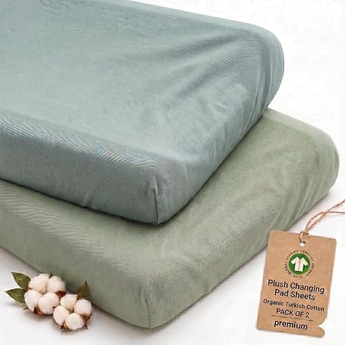 2-Pack Thick Organic Changing Pad Covers Boy, Girl - GOTS 100% Certified Organic Turkish Cotton Changing Table Pad Cover, Baby Nursery Diaper Changing Pad Sheets,Table Contour Pads Cover Green