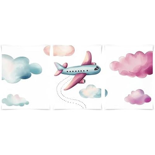 12x18 Plane Flying Nursery Set of 3, Watercolor Airplane and Clouds Wall Art, Toddler Boys Room Decor, Travel Themed Baby Room Prints, UNFRAMED