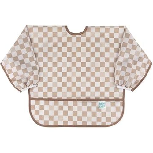 Bumkins Sleeved Bib for Girl or Boy, Baby and Toddler for 6-24 Mos, Essential Must Have for Eating, Feeding, Baby Led Weaning Supplies, Long Sleeve Mess Saving Food Catcher, Soft Fabric, Sand Check