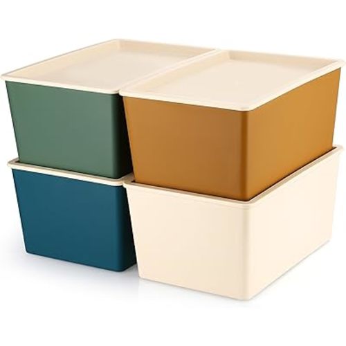 4 Pcs Storage Bins with Lids Plastic Containers Stackable Storage Box Baskets for Organizing Shelves(Mixed Color,Large)