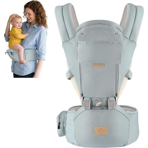 FRUITEAM 6-in-1 Baby Carrier with Waist Stool/Hip Seat for Breastfeeding, One Size Fits All - Adapt to Newborn, Infant & Toddler (Blue)