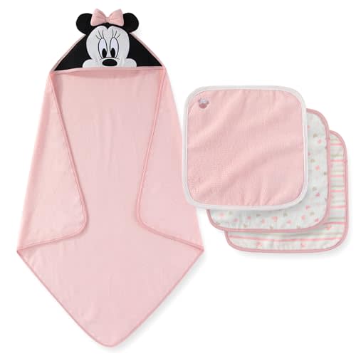 Disney Baby Girls Minnie Mouse Hooded Baby-Bath Towel with 3 Washcloths Set for Newborn and Infants