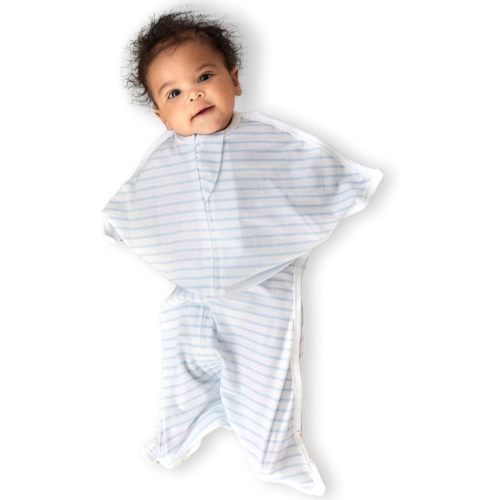 SleepingBaby Zipadee-Zip Transition Swaddle - Cozy Baby Swaddle Blanket with Zipper Convenience - Roomy Wearable Blanket for Easy Diaper Changes - Blue/Cream, Small (4-8 Month)